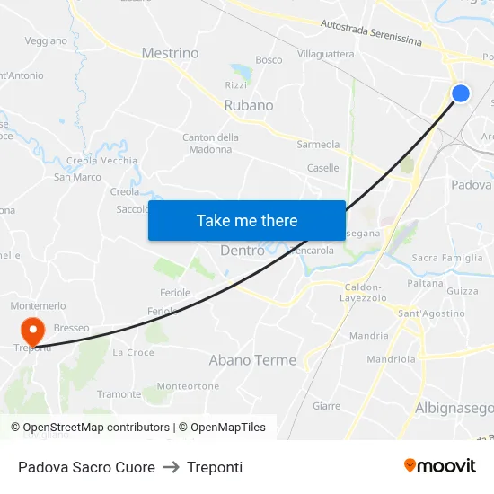 Padova Sacred Heart to Three Bridges map