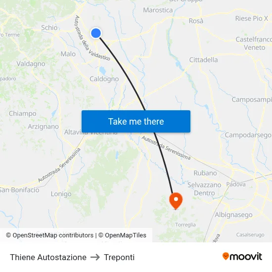 Thiene Bus Station to Three Bridges map