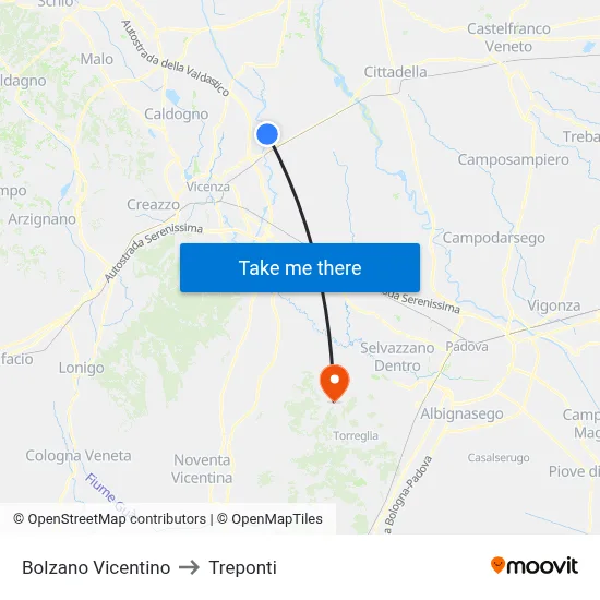 Bolzano Vicentino to Three Bridges map