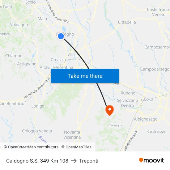 Caldogno S.S. 349 Km 108 to Three Bridges map