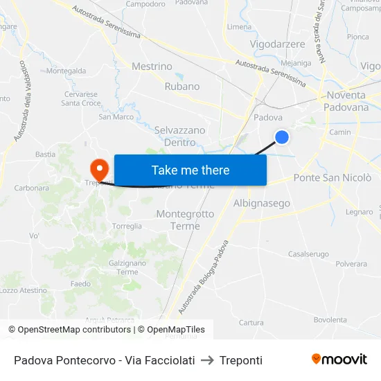 Padova Pontecorvo - Facciolati Street to Three Bridges map