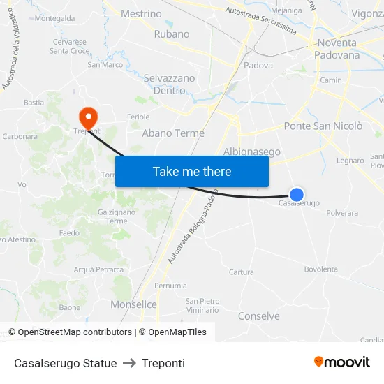 Casalserugo Statue to Three Bridges map