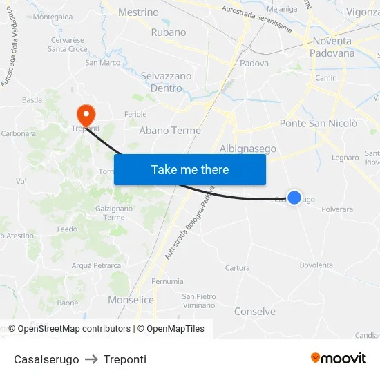 Casalserugo to Three Bridges map