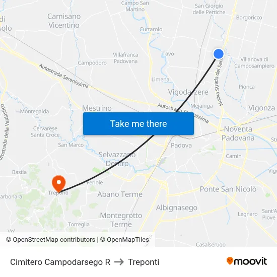 Campodarsego Cemetery to Three Bridges map