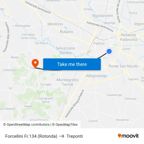 Forcellini 134 (Roundabout) to Three Bridges map