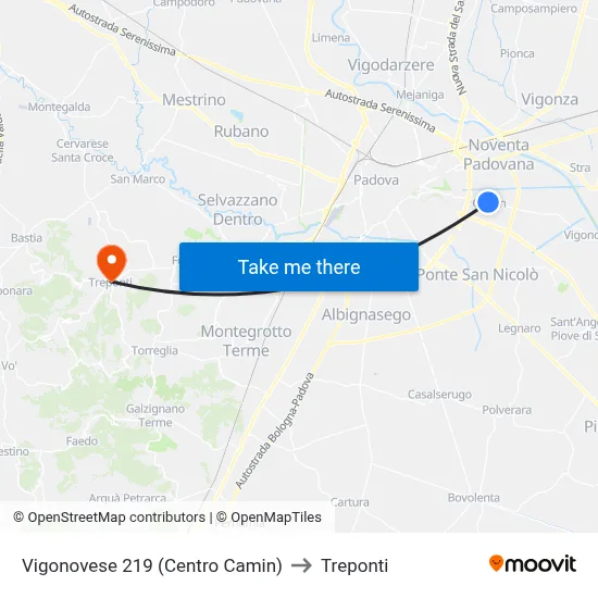 Vigonovese 219 (Camin Center) to Three Bridges map