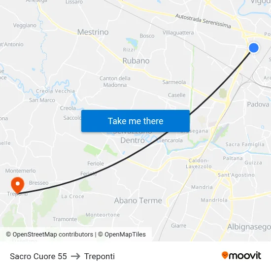 Sacro Cuore 55 to Three Bridges map