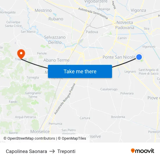 Saonara Terminal to Three Bridges map