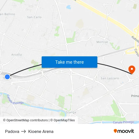 Padova to Kioene Arena map