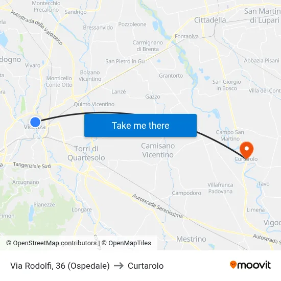 Rodolfi Street, 36 (Hospital) to Curtarolo map
