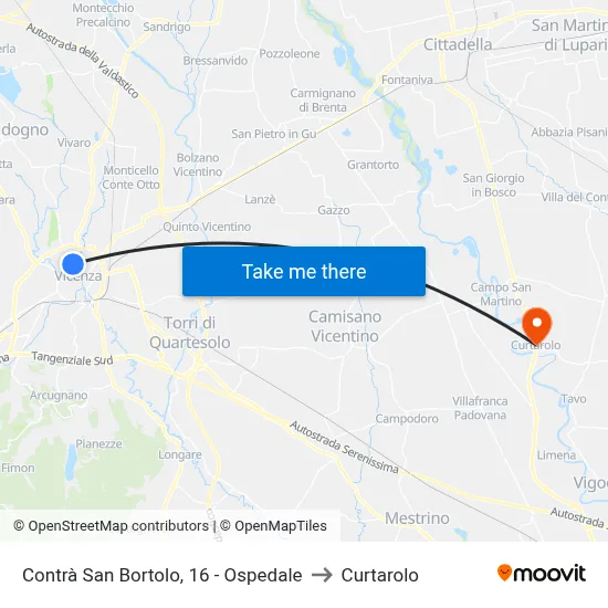 Contra San Bortolo, 16 - Hospital to Curtarolo map