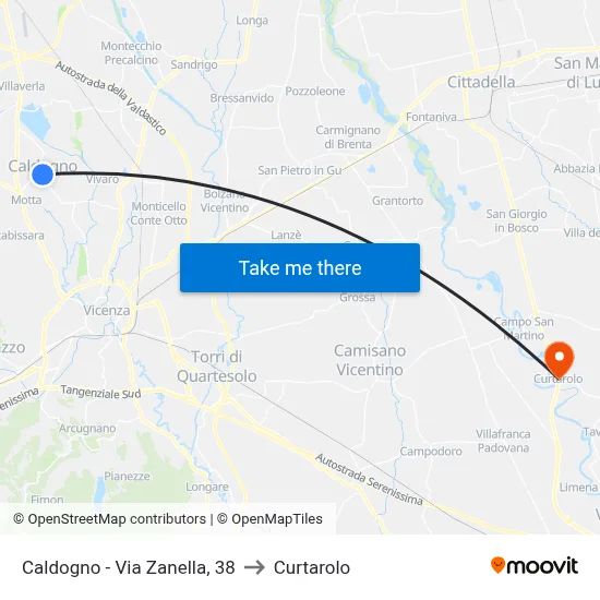Caldogno - Via Zanella, 38 to Curtarolo map