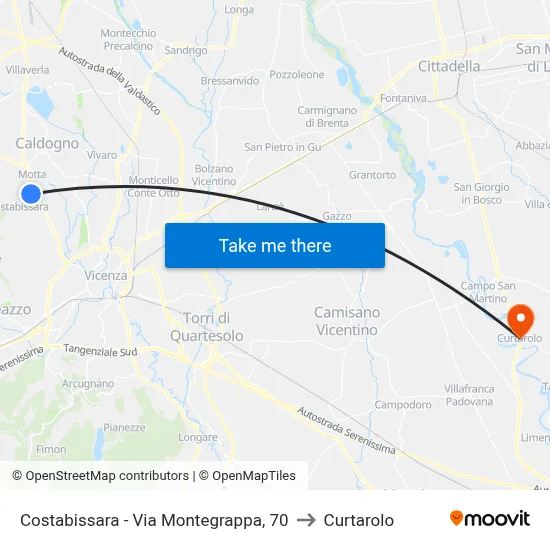 Costabissara - Via Montegrappa, 70 to Curtarolo map
