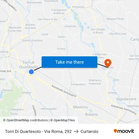 Torri Di Quartesolo - Roma St, 292 to Curtarolo map