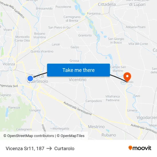 Vicenza State Road 11, 187 to Curtarolo map