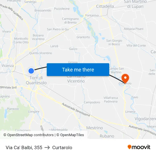 Via Ca Balbi, 355 to Curtarolo map
