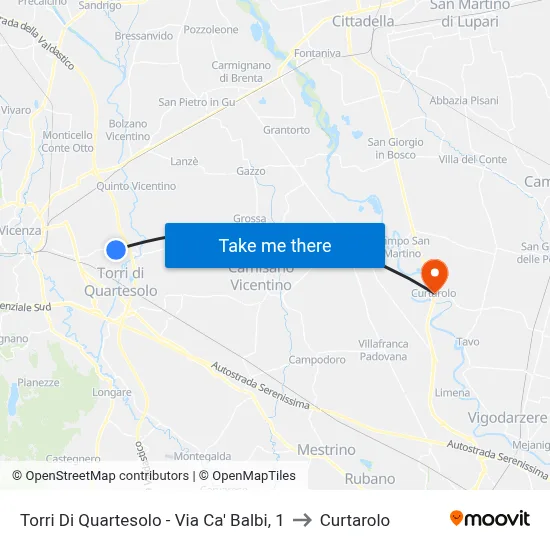 Torri Di Quartesolo - Via Ca' Balbi, 1 to Curtarolo map