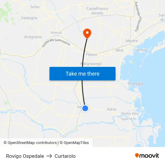 Rovigo Hospital to Curtarolo map