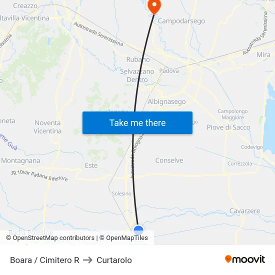 Boara Cemetery to Curtarolo map