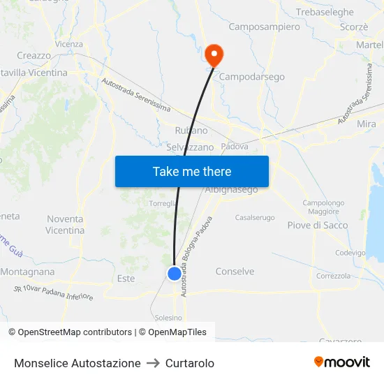 Monselice Station to Curtarolo map