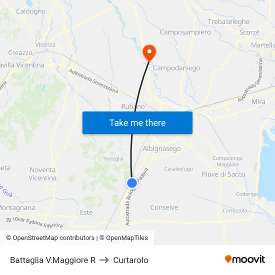Battaglia Maggiore R to Curtarolo map