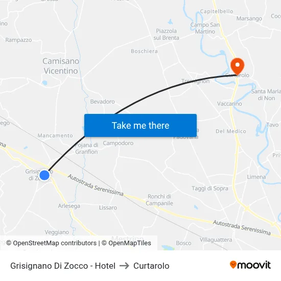 Grisignano Di Zocco - Hotel to Curtarolo map