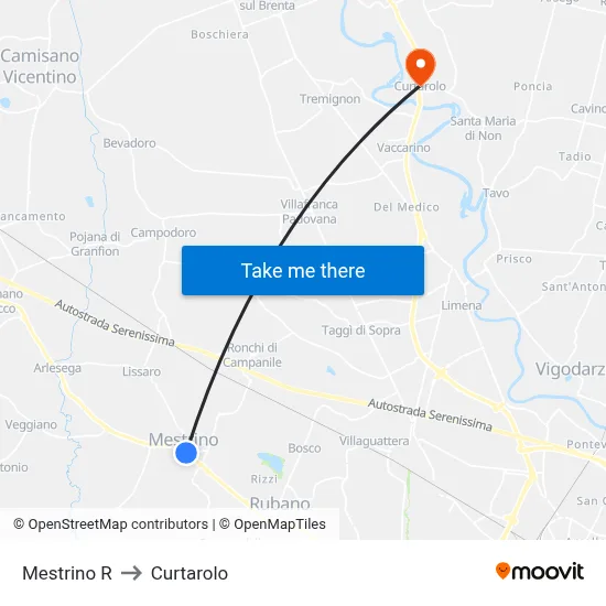 Mestrino R to Curtarolo map