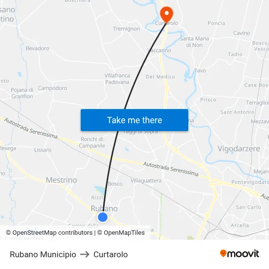 Rubano Town Hall to Curtarolo map