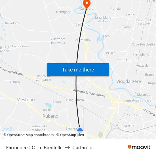Sarmeola Shopping Center Le Brentelle to Curtarolo map