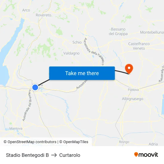 Bentegodi Stadium B to Curtarolo map