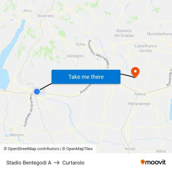 Bentegodi Stadium A to Curtarolo map