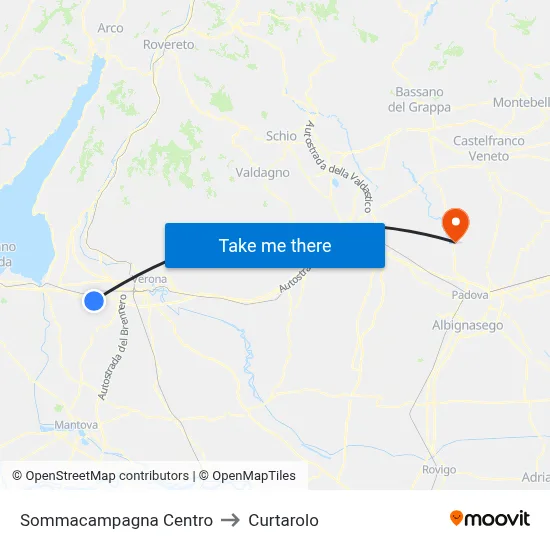 Sommacampagna Center to Curtarolo map