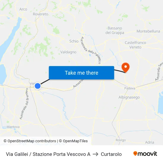 Via Galilei / Porta Vescovo Station A to Curtarolo map