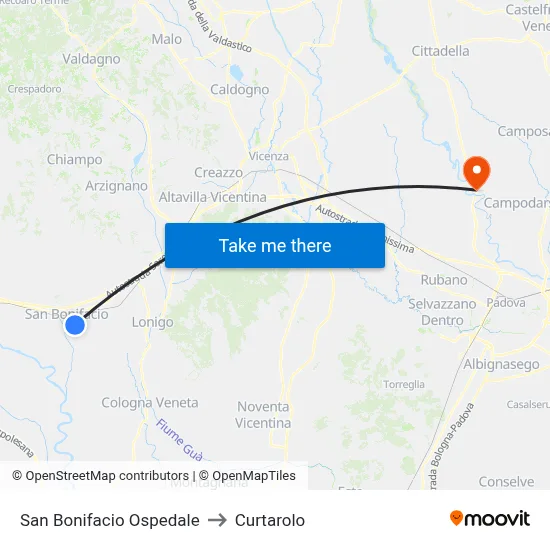 San Bonifacio Hospital to Curtarolo map