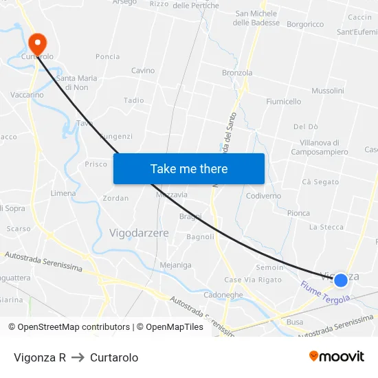 Vigonza R to Curtarolo map