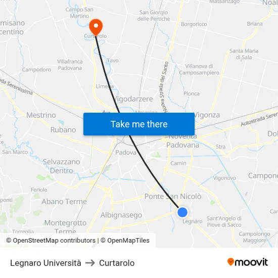 Legnaro University to Curtarolo map
