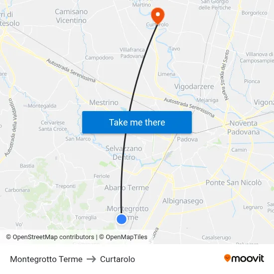 Montegrotto Terme to Curtarolo map