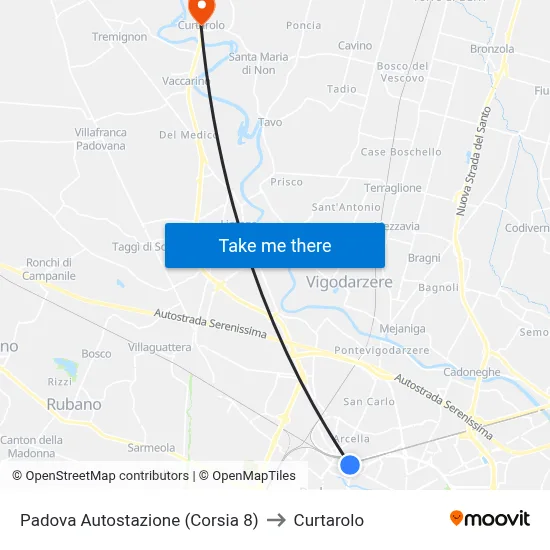 Padua Bus Station (Lane 8) to Curtarolo map