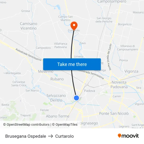 Brusegana Hospital to Curtarolo map