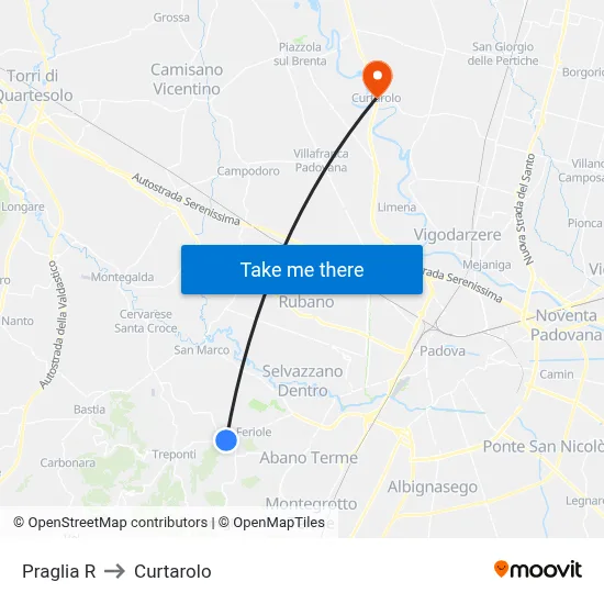 Praglia to Curtarolo map