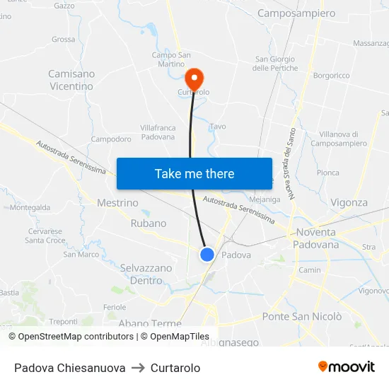 Padova Chiesanuova to Curtarolo map