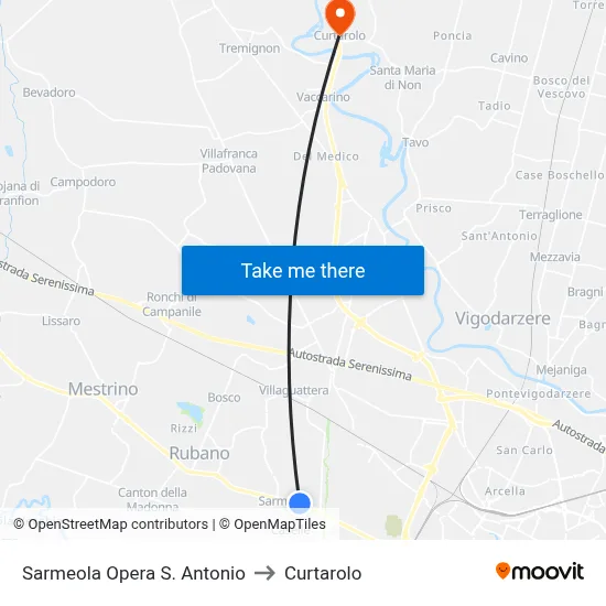 Sarmeola St. Anthony's to Curtarolo map