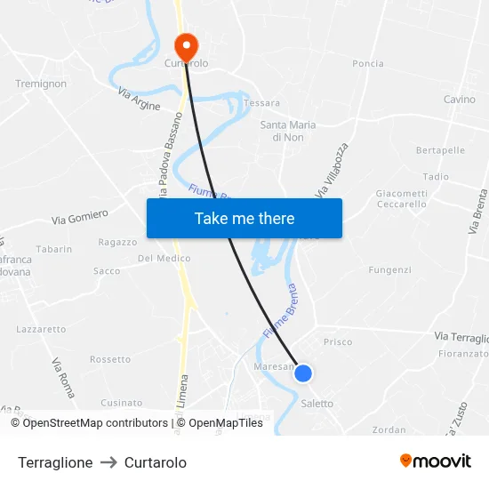 Terraglione to Curtarolo map