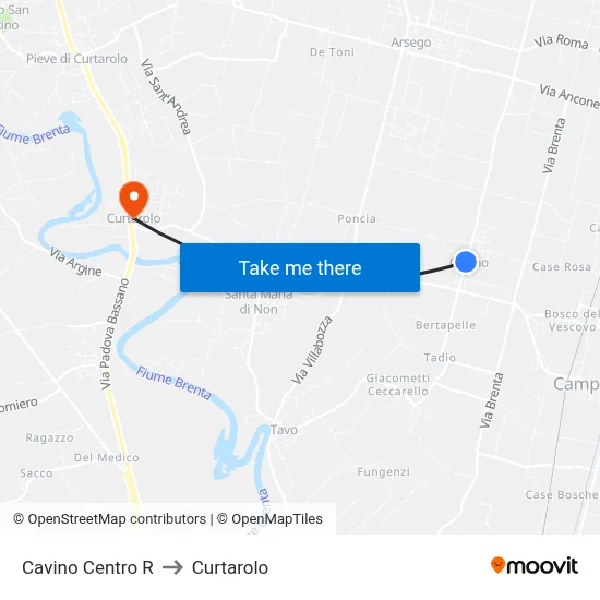 Cavino Center to Curtarolo map