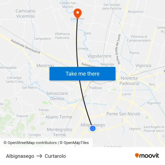 Albignasego to Curtarolo map
