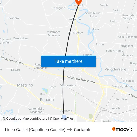 Galilei High School (Caselle Terminal) to Curtarolo map