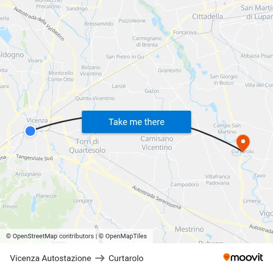 Vicenza Bus Station to Curtarolo map