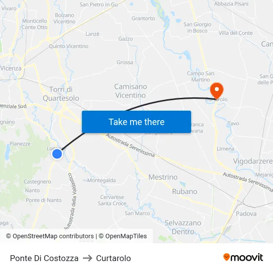 Costozza Bridge to Curtarolo map
