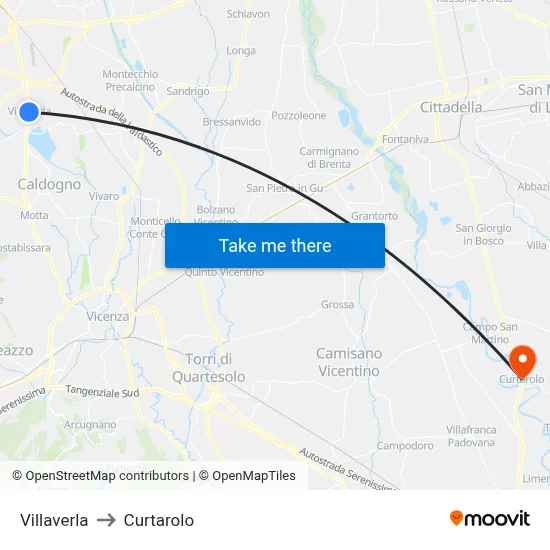 Villaverla to Curtarolo map