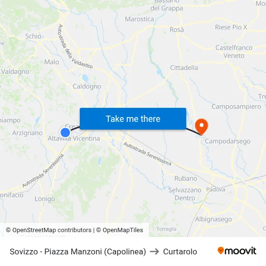 Sovizzo - Manzoni Square (Terminal) to Curtarolo map